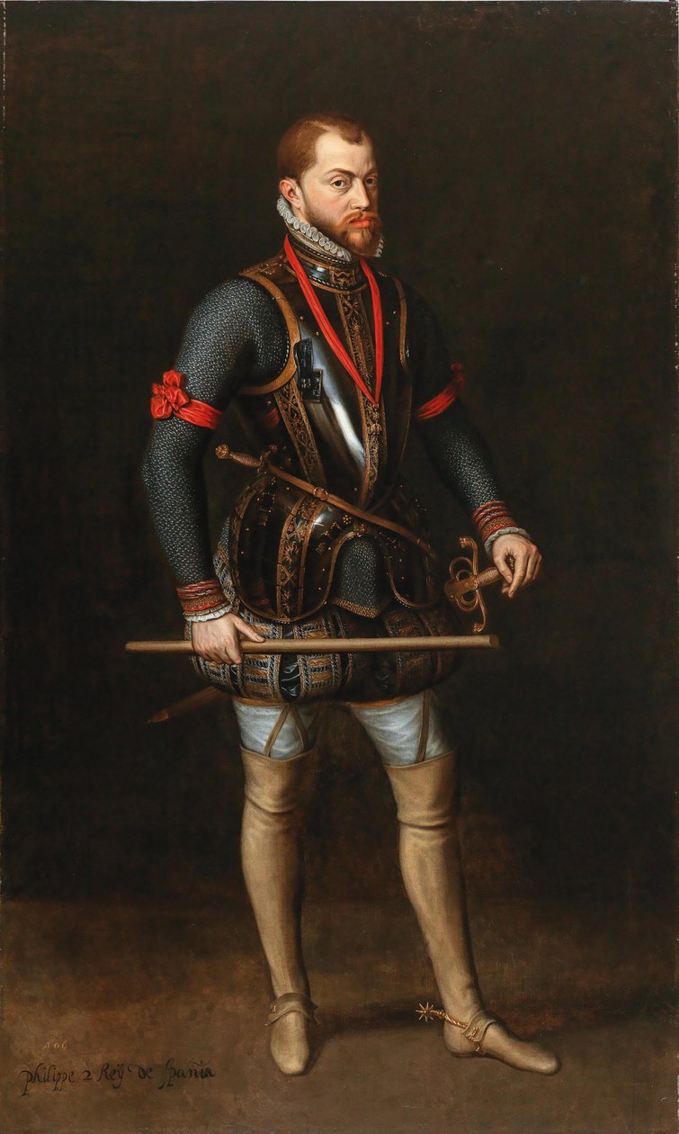 Porträtt av Filip II 1527-1598, kung av Spanien, i rustning och med Guldfleeceorden. av Unbekannt