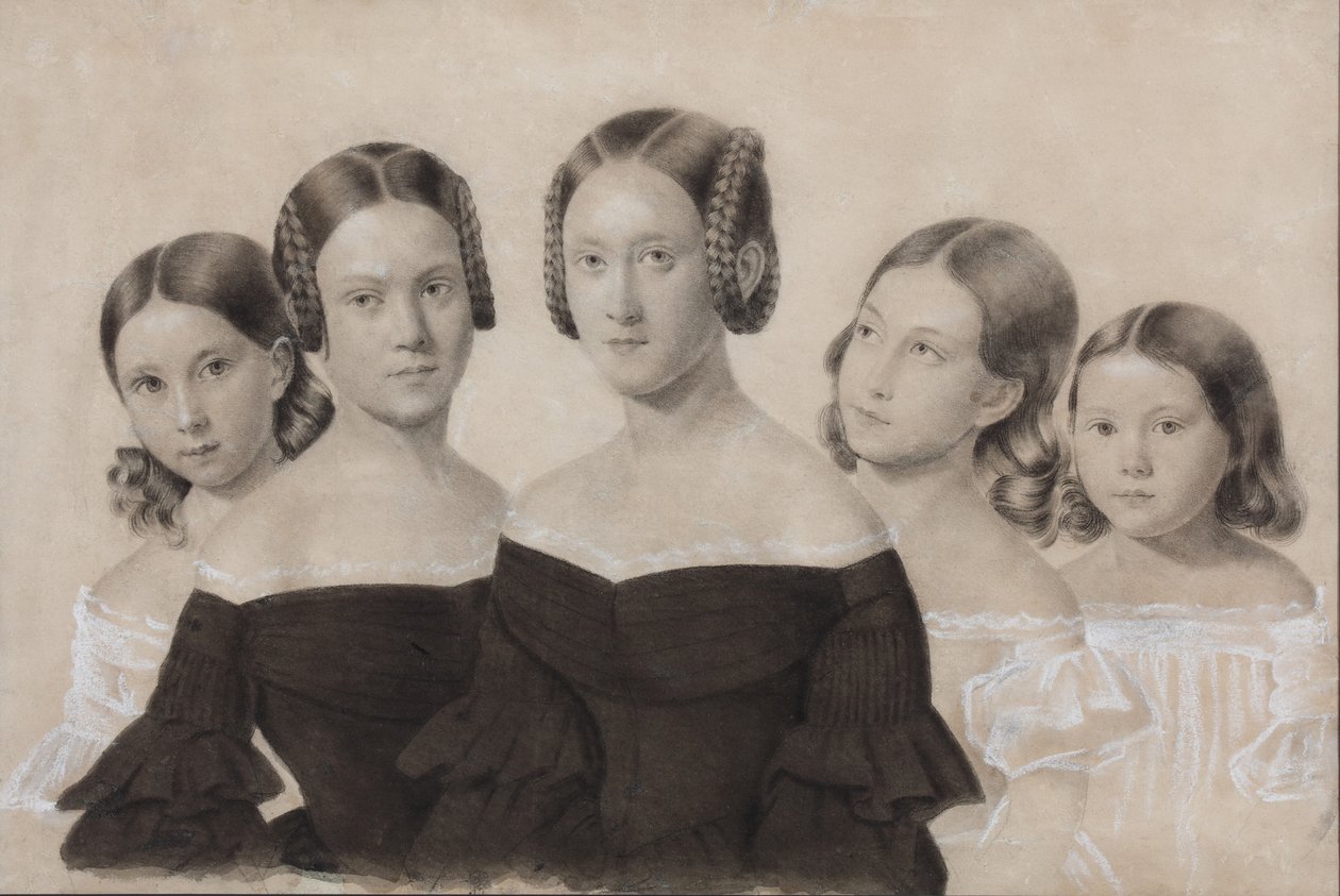Porträtt av systrarna Yelisaveta, Maria, Praskovya, Alexandra och Anna Dyakov, slutet av 1830-talet av Unbekannt