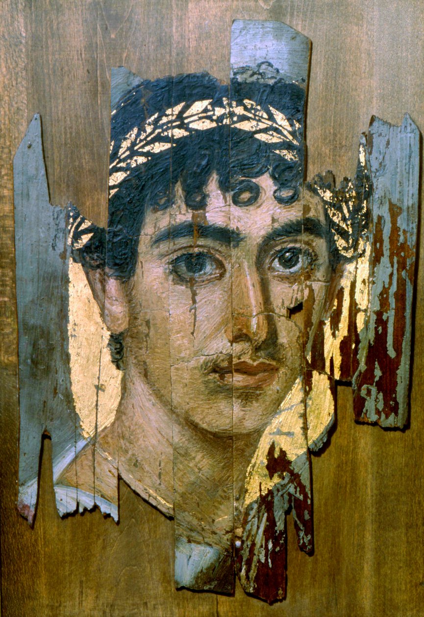 Porträtt av en ungdom i en guldkrans, Fayum mumieporträtt, romano-egyptisk, tidigt 200-tal av Unbekannt