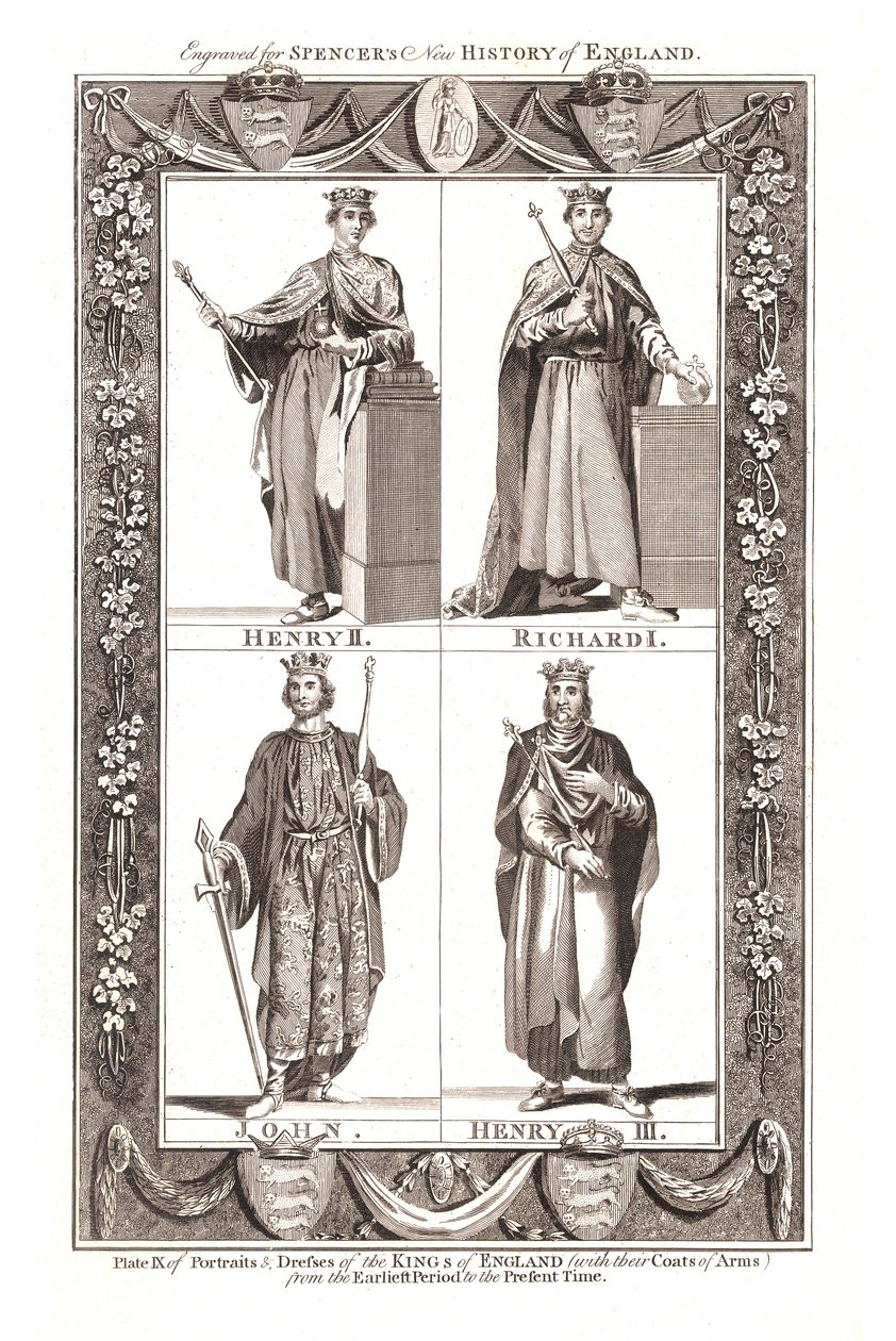 Porträtt och klänningar av Kings of England med vapensköldar, 1784 av Unbekannt