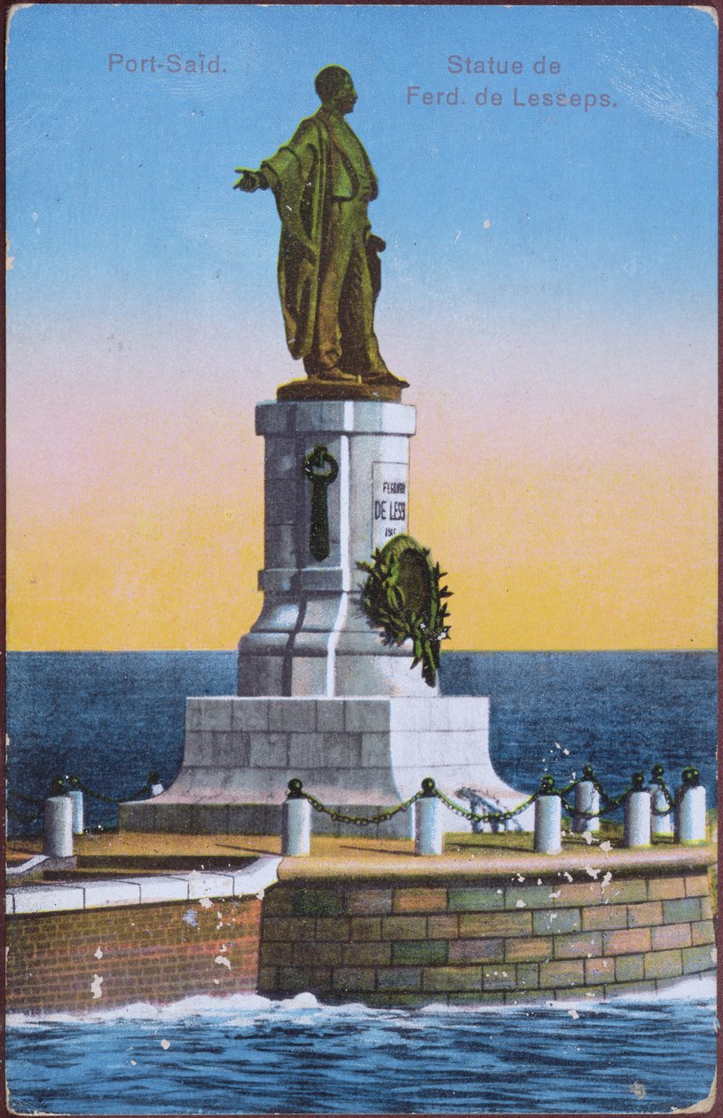 Vykort som föreställer statyn av Ferdinand de Lesseps vid Port Said Harbour, tidigt 1900-tal (färg litho) (efter ett foto) av Unbekannt