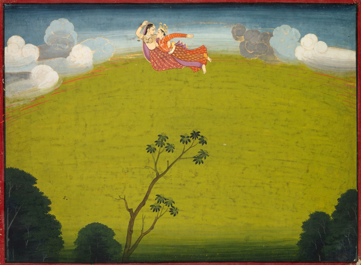 Dwarka med Pradyumna och Mayawati fluga, från Large Basohli Bhagavata Purana, ca. 10-6. av Unbekannt