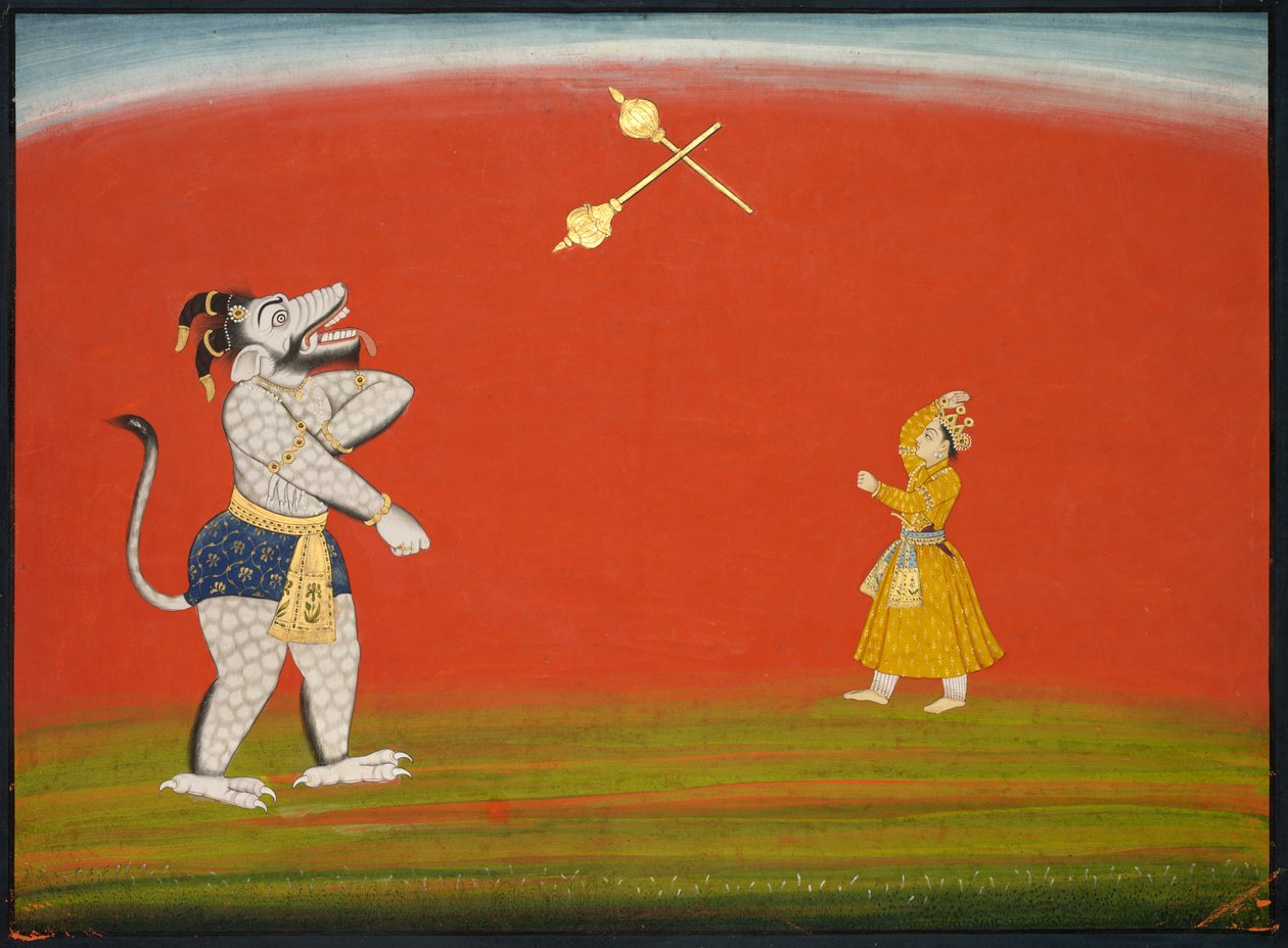 Pradyumna och Samvara slåss med maces: Leaf from the Large Basohli Bhagavata Purana, ca. 1760-1765 av Unbekannt