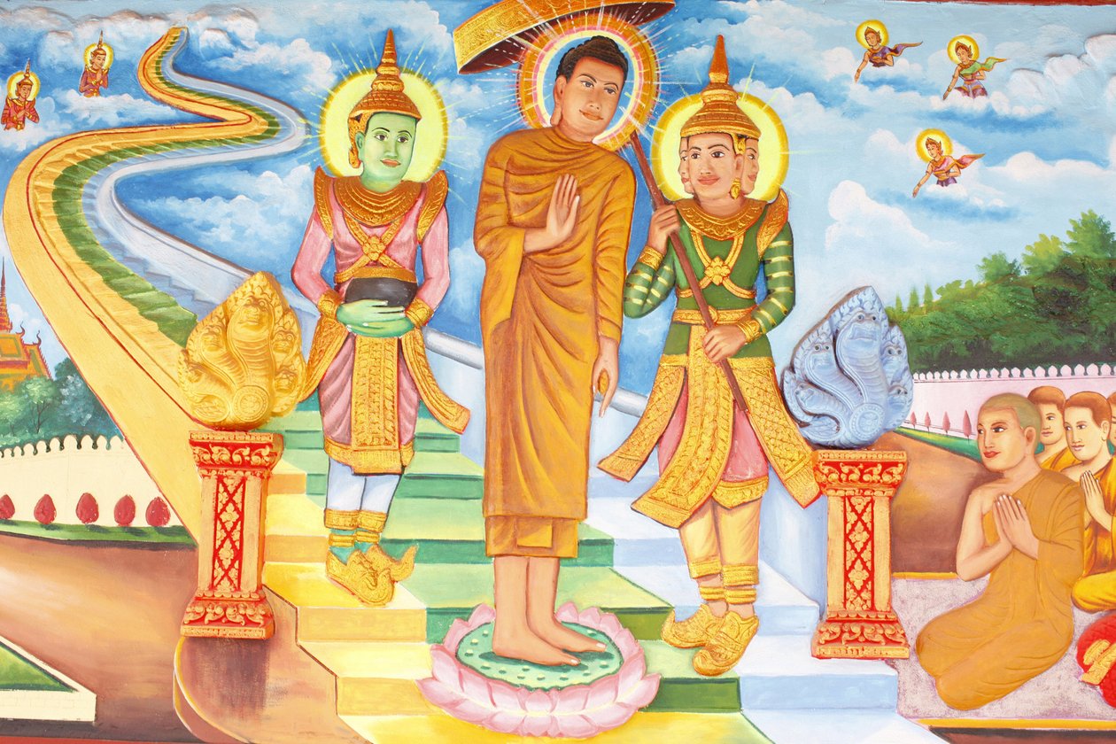 Preah Prom Rath Monastery Life of the BuddhaBuddha besöker himlen och möter gudarna Indra och Brahma, Siem Reap, Kambodja av Unbekannt