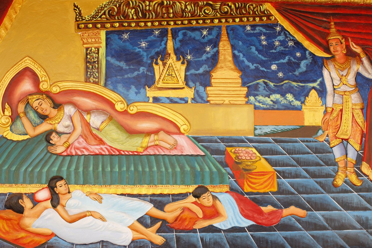 Preah Prom Rath Monastery Life of the Buddha För en tid återvände Prinsen till palatslivet, men han njöt inte av det Inte ens nyheten att hans fru Yasodhara hade fött en son behagade honom. Barnet hette Rahula, Siem Reap, Kambodja av Unbekannt