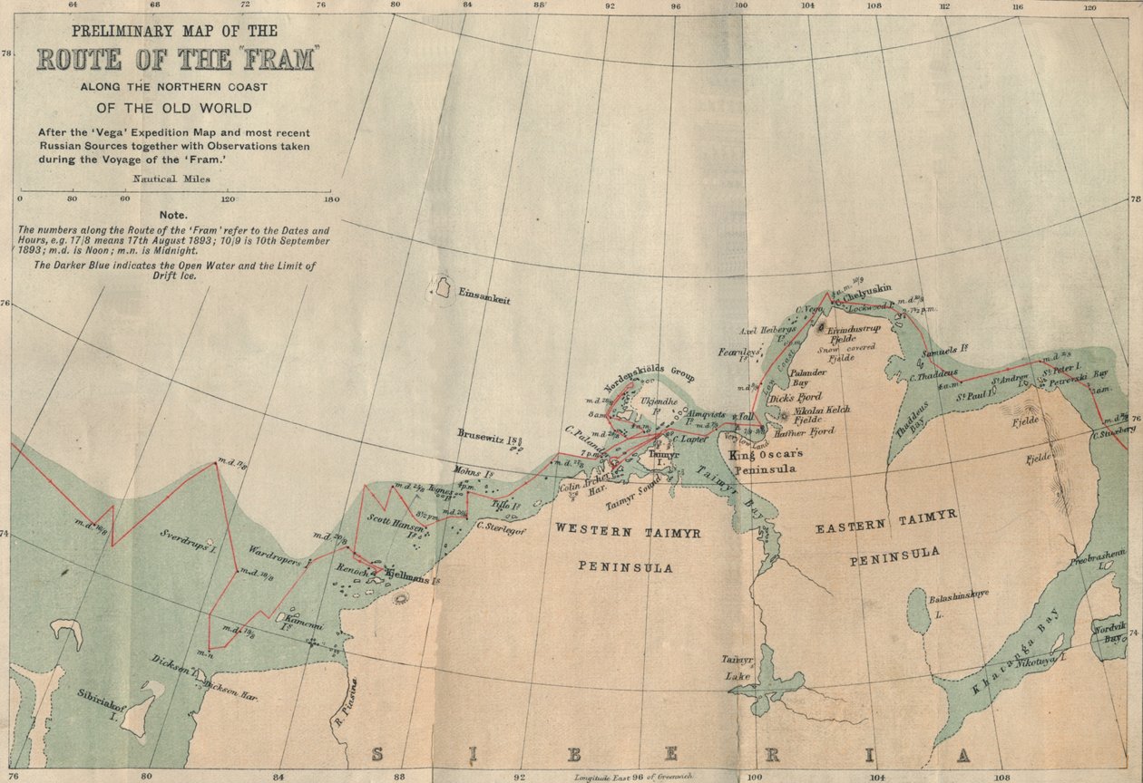 Preliminär karta över Frams rutt längs norra kusten av gamla världen, c1893-1896, 1897. av Unbekannt