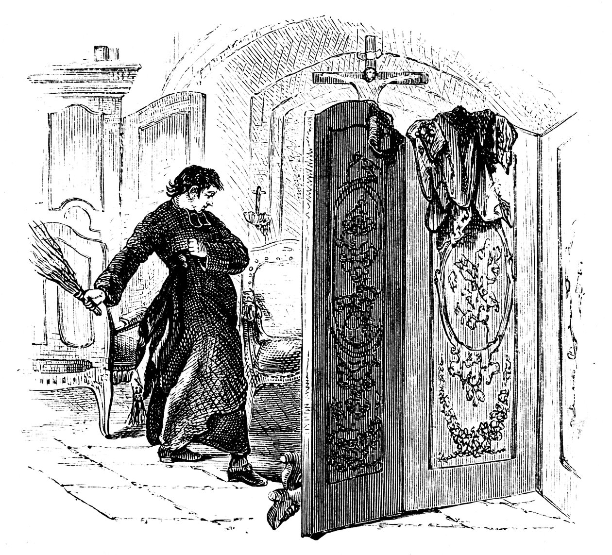 Präst piskar en ångerfull med en björk, c1876 av Unbekannt