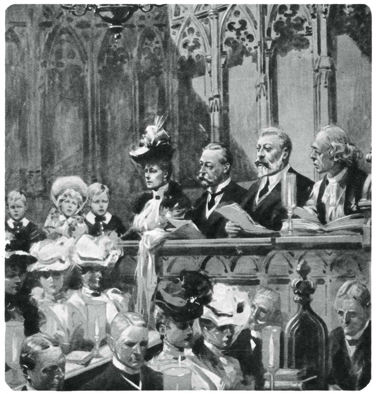 Prins Albert vid klostrets tacksägelsegudstjänst för sina föräldrar säker återkomst från Indien, 1906 1937 av Unbekannt