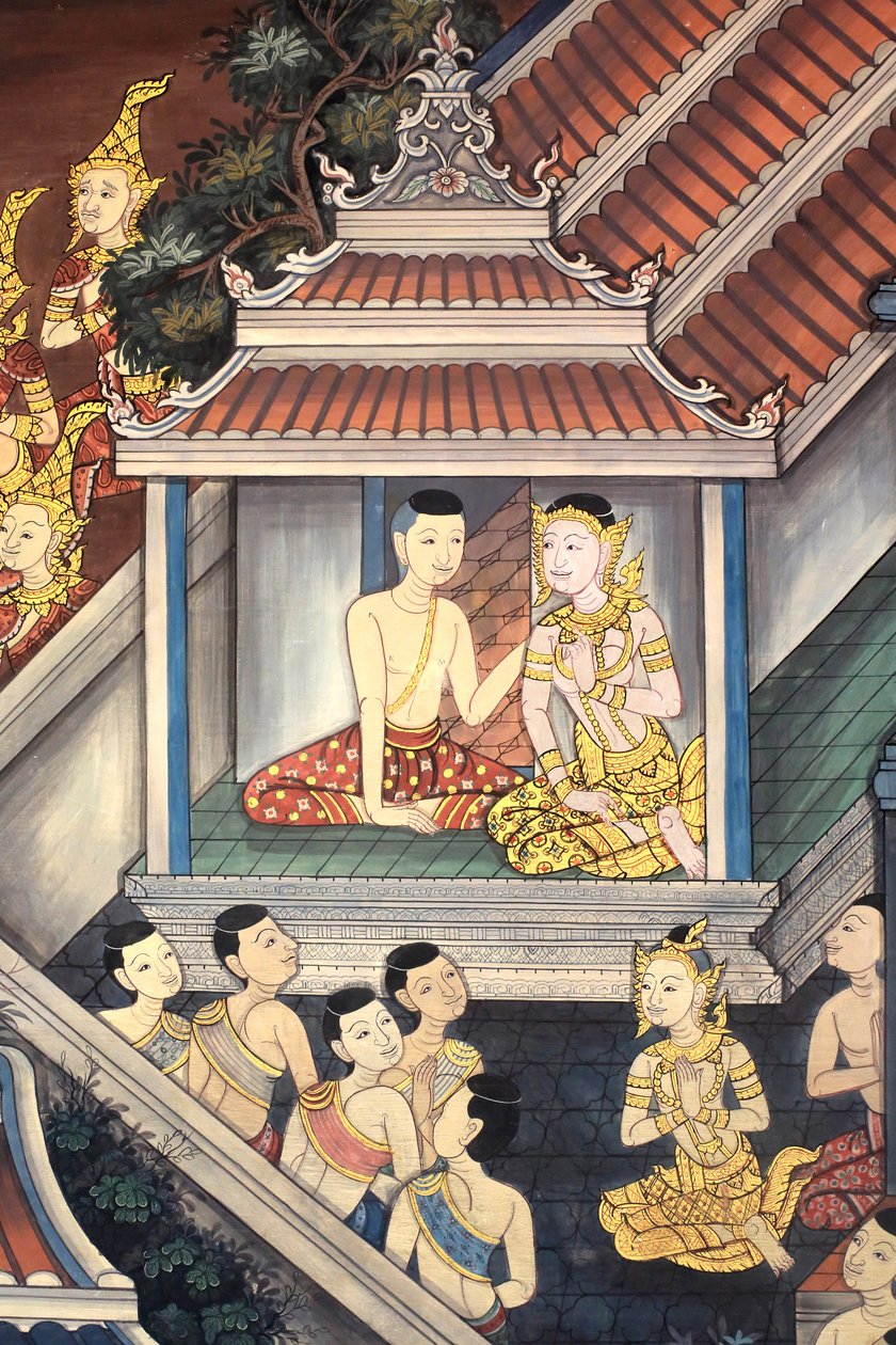 Prins Rama och Sita. Väggdetalj på innerväggarna i Vihara från kung Rama III:s era föreställande Ramakien. Wat Pho - Wat Phra Chetuphon. 1788. Bangkok. Thailand av Unbekannt