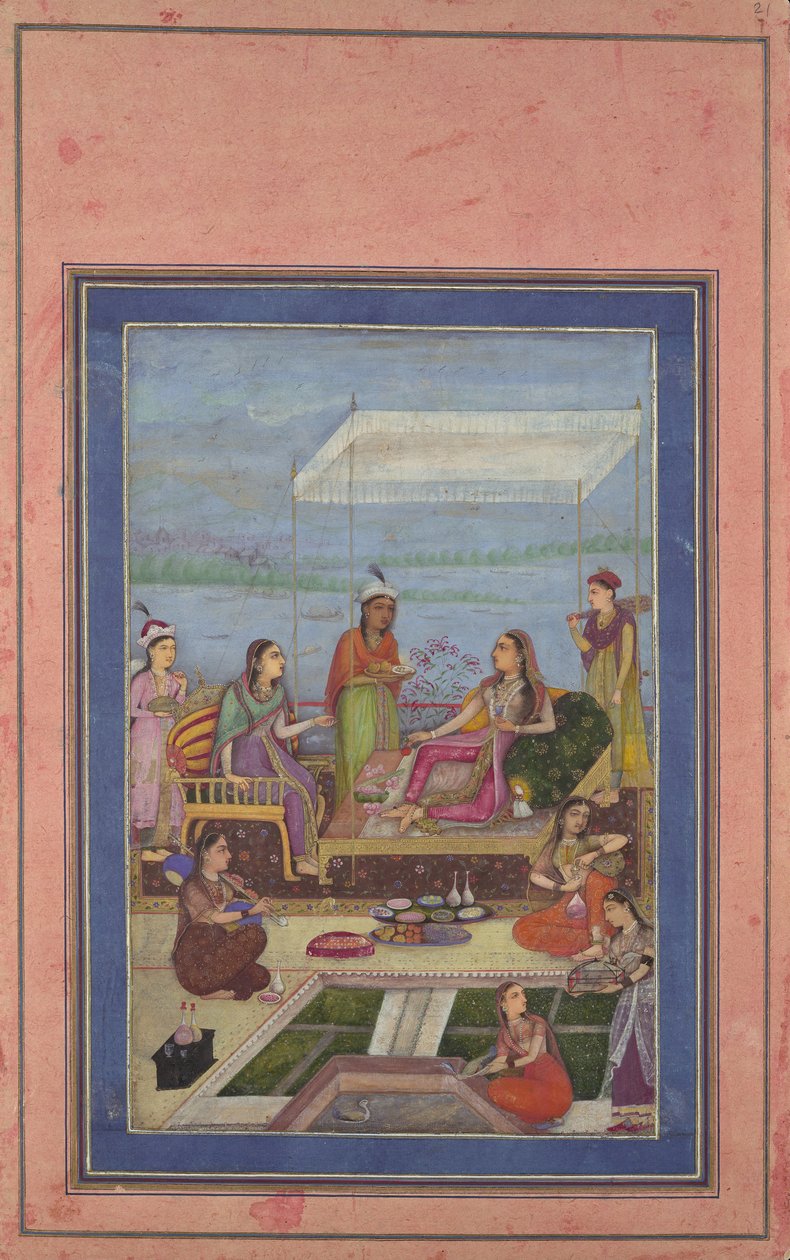 Princess Entertaining a Visitor on the Balcony, Folio från Davis Album, mitten av andra halvan av 1600-talet. av Unbekannt