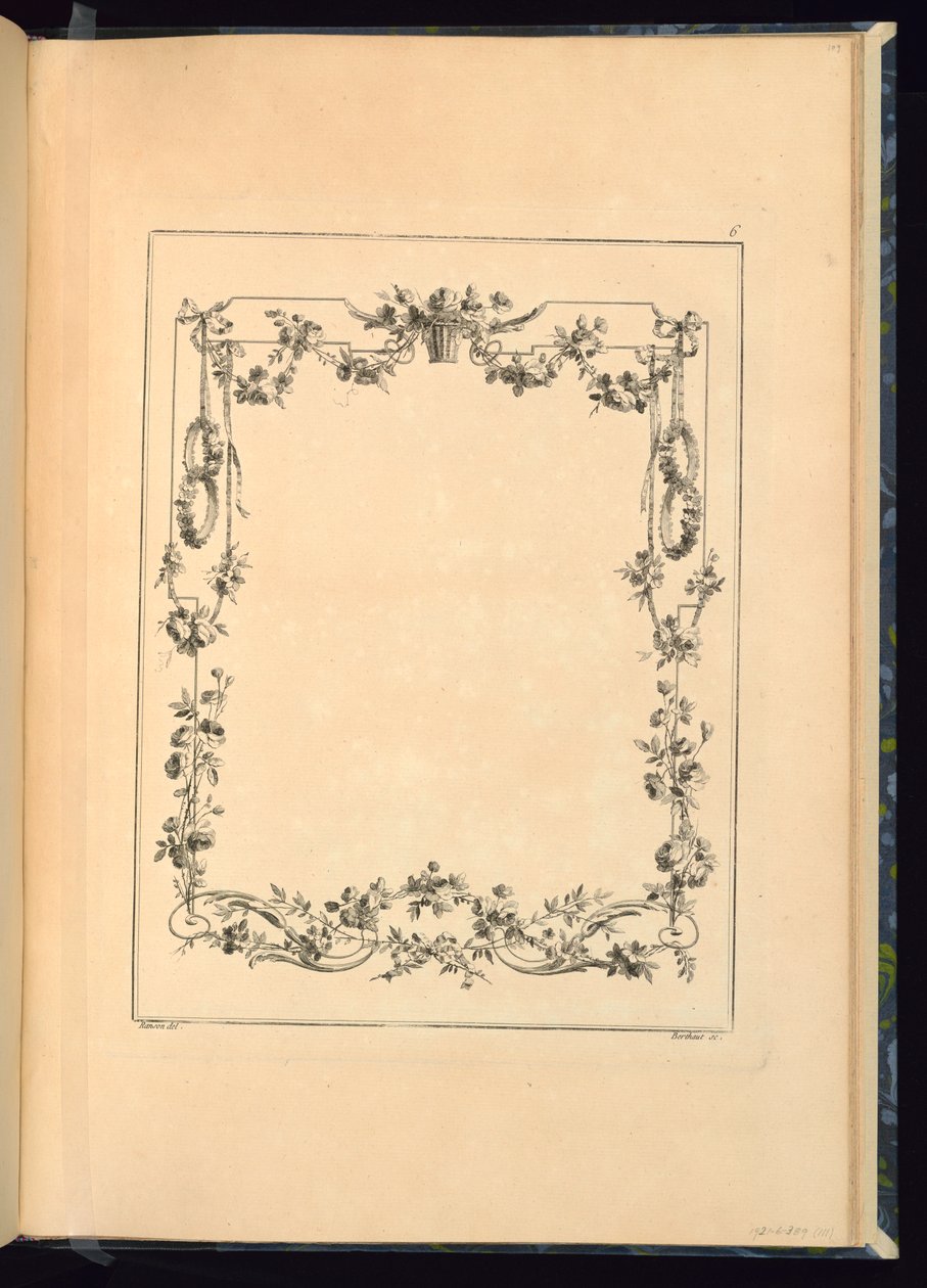 Skriv ut, Pl. 6 av 18: e boken om karteller och troféer från Ransons verk från Works som innehåller en samling troféer, attribut, kartonger, vaser, blommor, prydnadsföremål och flera trevliga mönster för brodering av fåtöljer; komponerat och designat av Ra av Unbekannt