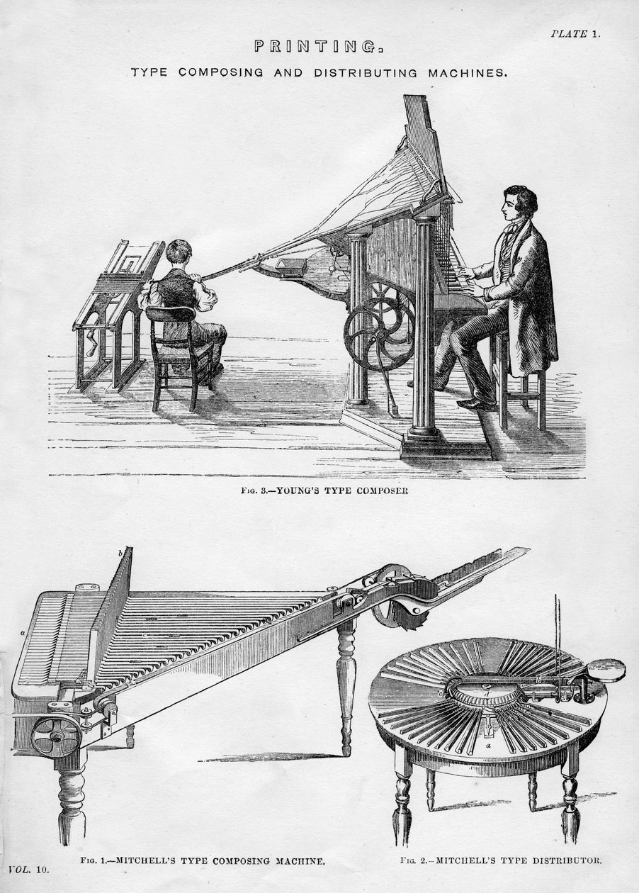 Tryck-, typkomponerings- och distributionsmaskiner, 1800- eller 1900-tal av Unbekannt
