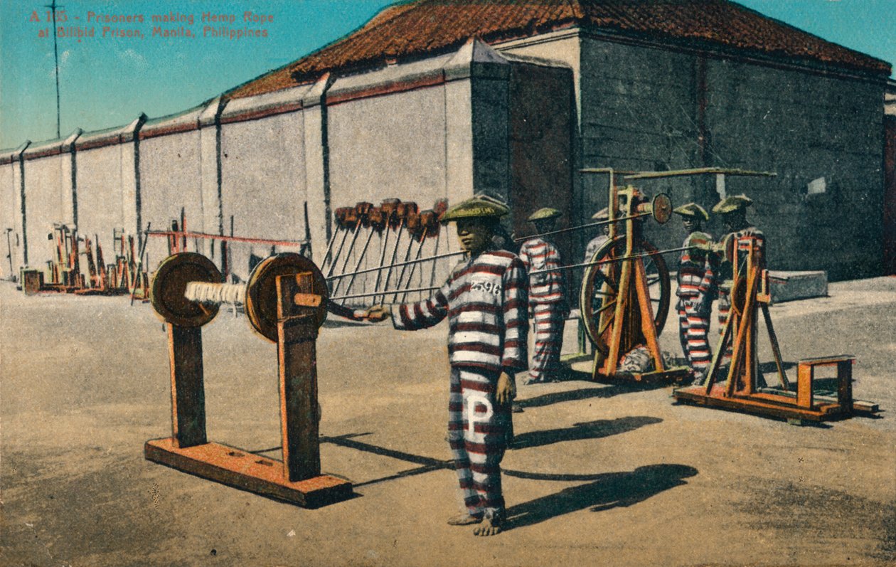 Fångar som tillverkar hamprep vid Bilibid-fängelset, Manila, Filippinerna, c1900 av Unbekannt