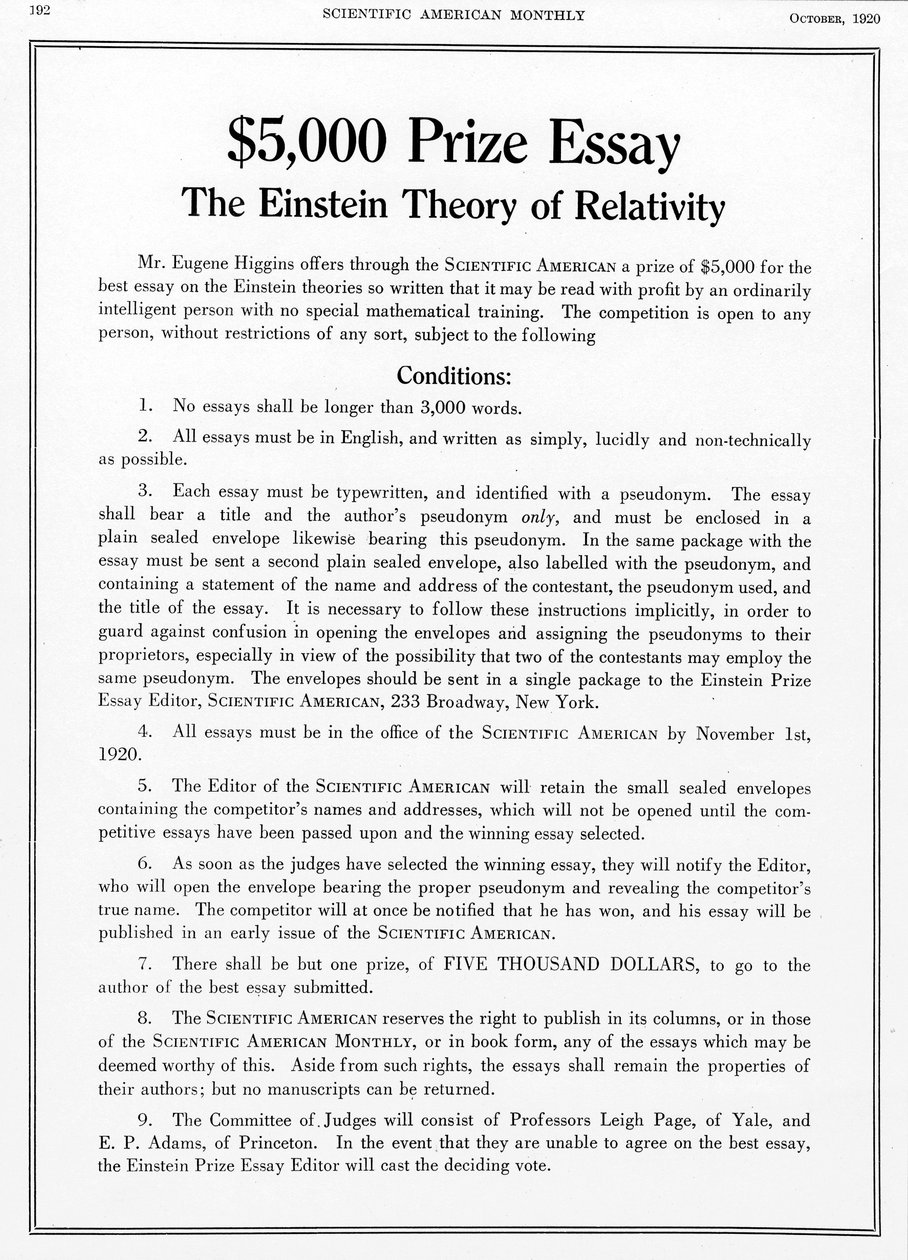 Pris utdelades i Scientific American, oktober 1920, för en uppsats om Einsteins relativitetsteori av Unbekannt