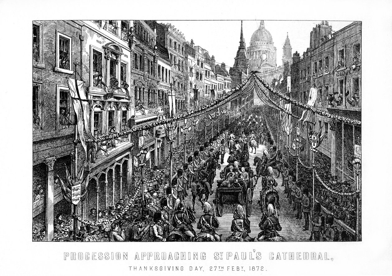 Procession närmar sig St Pauls Cathedral, Thanksgiving Day, 27 februari 1872, 1899 av Unbekannt