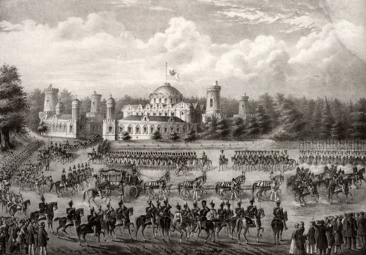 Procession av tsar Nicholas I in i Dormition-katedralen från Petrovsky-palatset under hans kröning 1825, 1826 av Unbekannt