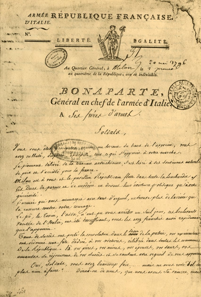 Tillkännagivande av Napoleon till sina vapenbröder, 20 maj 1796, 1921. av Unbekannt