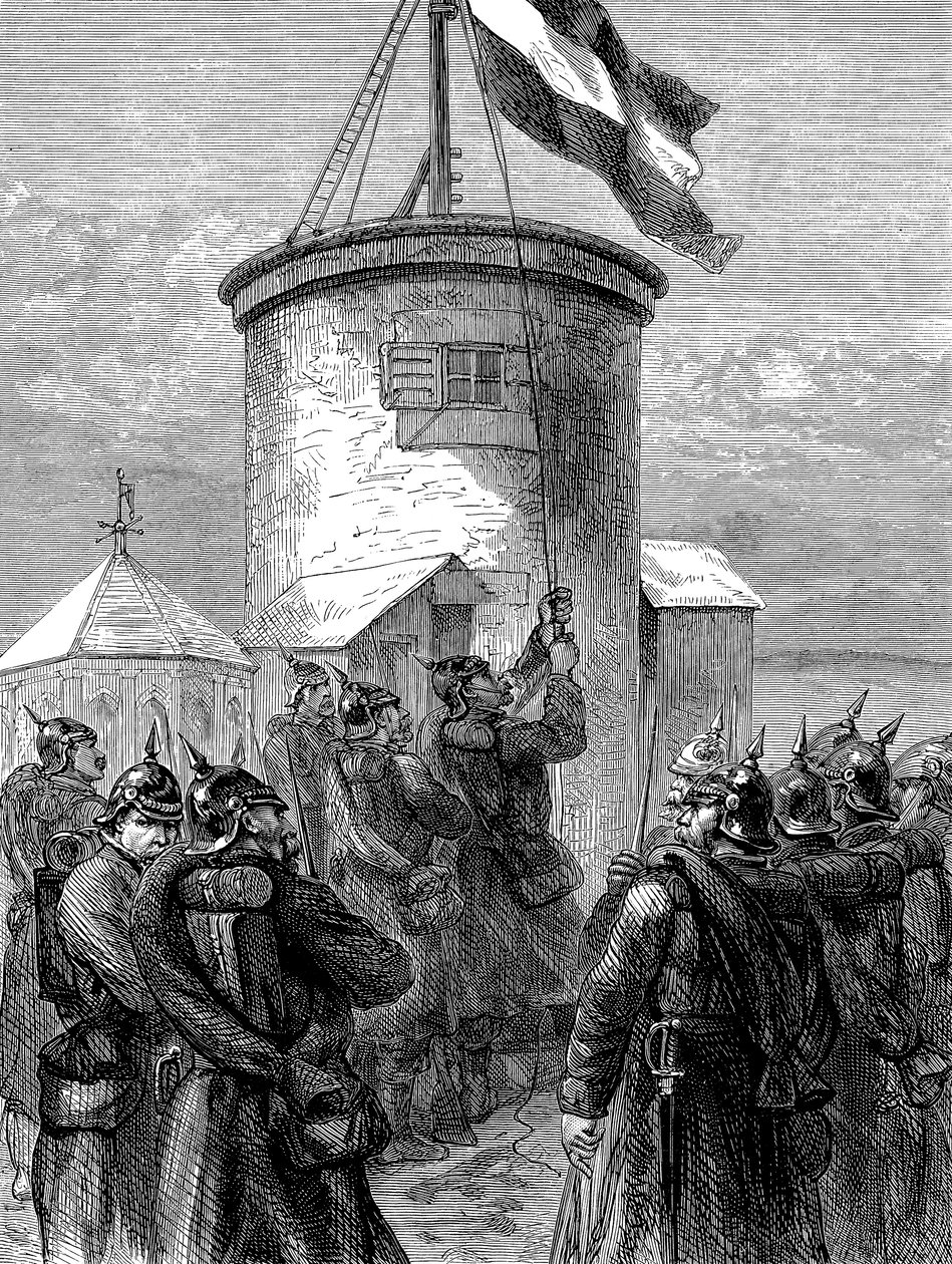 Preussiska trupper hissar sin flagga vid Valerien, fransk-preussiska kriget, 1870-1871 c1880 av Unbekannt