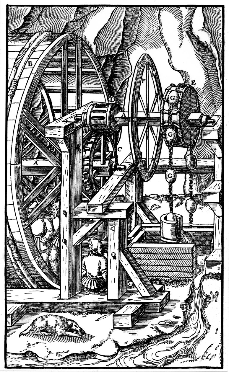 Pump som drivs av män i ett löpband, 1556 av Unbekannt