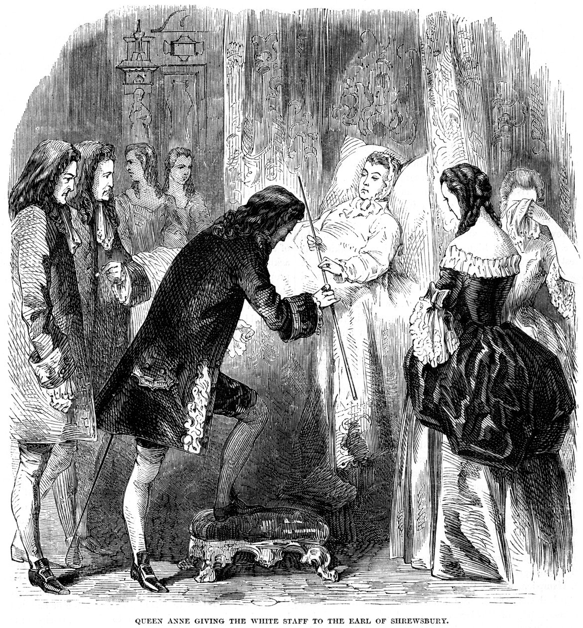 Drottning Anne 1665-1714 överlämnar den vita staven till earlen av Shrewsbury, c1714 av Unbekannt