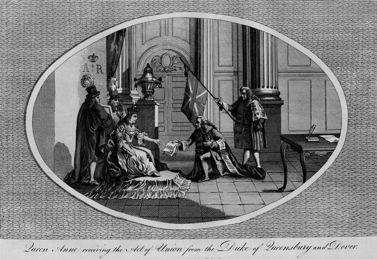 Drottning Anne tar emot Act of Union från hertigen av Queensberry, 1707 1793 av Unbekannt