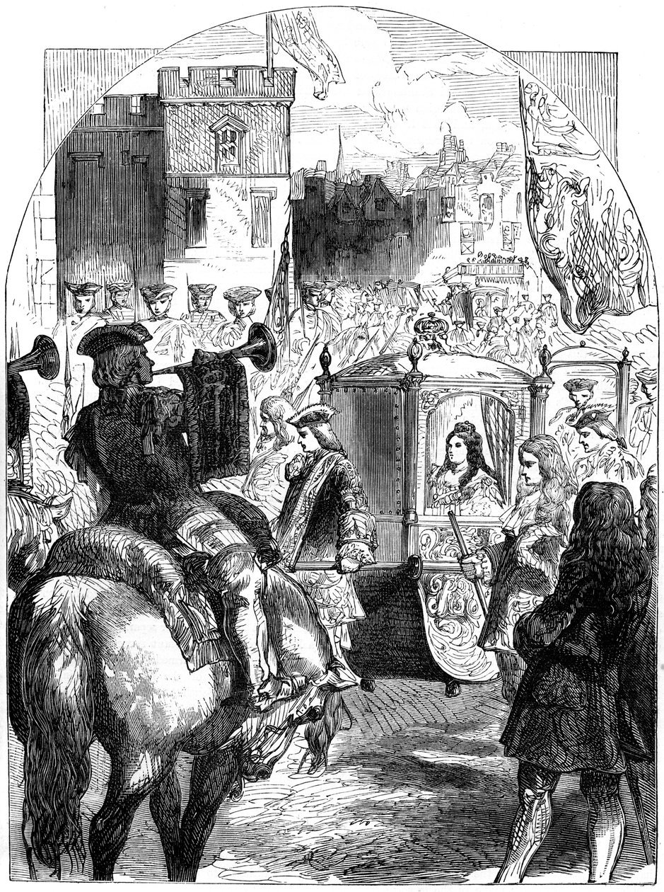 Drottning Anne 1665-1714 sista framsteg till Parliament House, Westminster, London, 1800-talet av Unbekannt