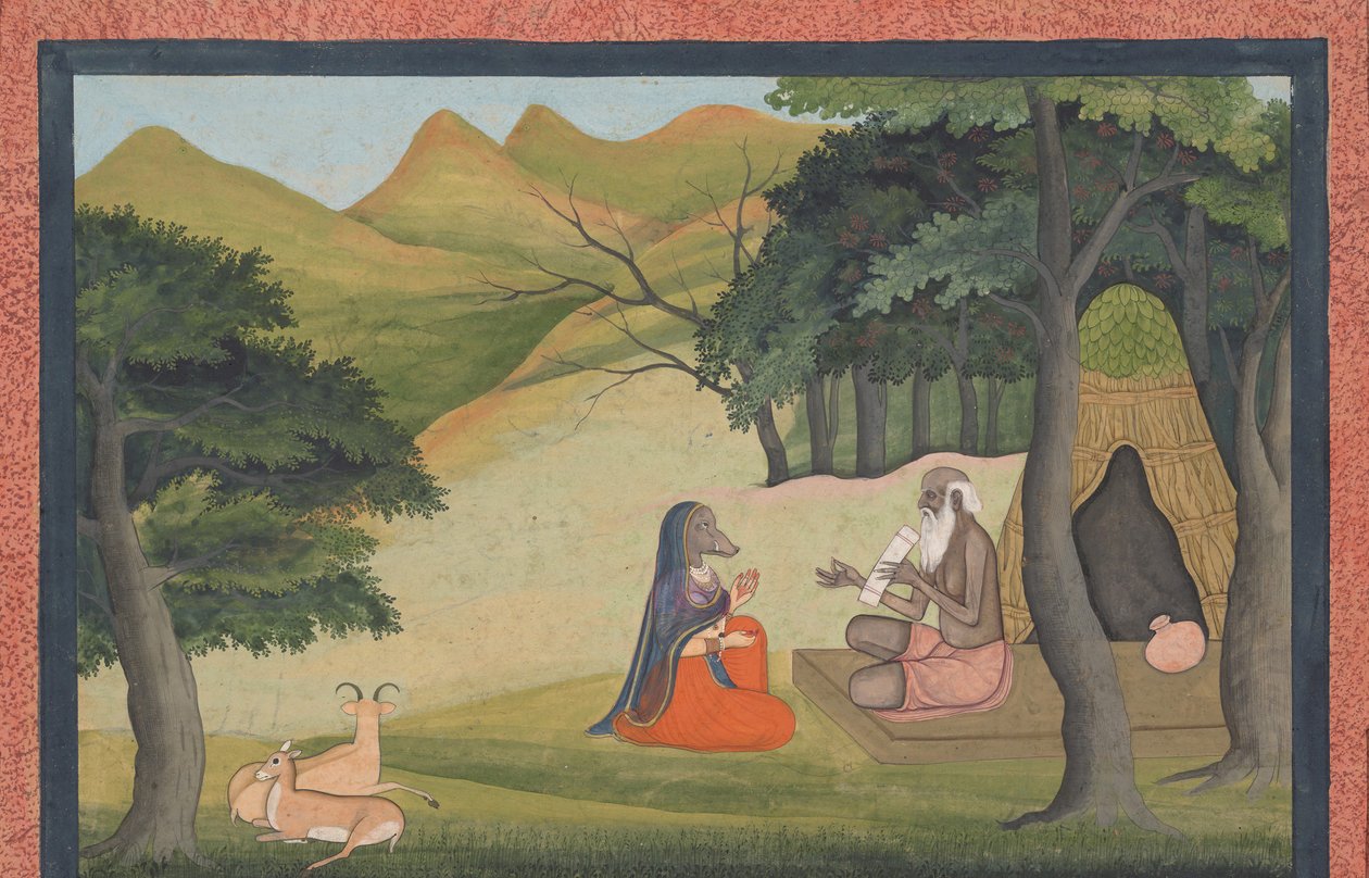 Drottning Choladevi före Eremiten-Sage Angiras... från en Dispersed Vrataraja..., ca. 1790. av Unbekannt