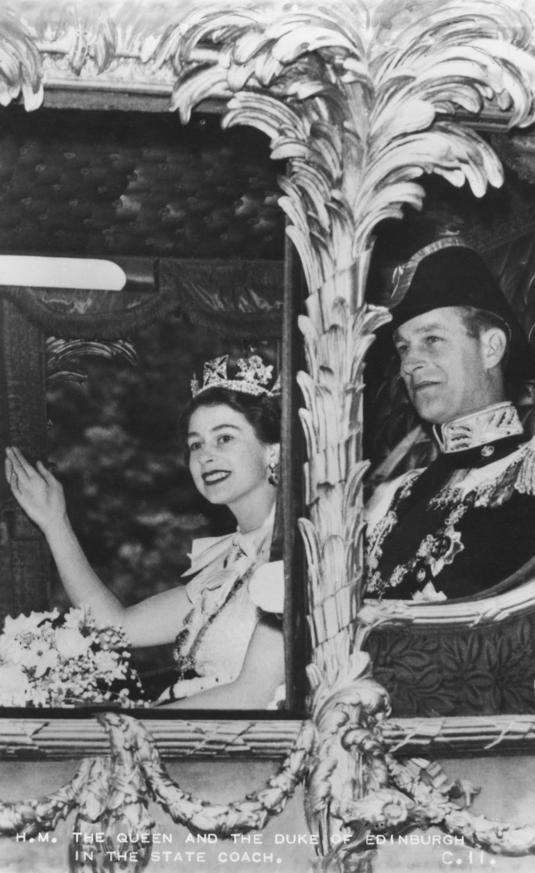 Drottning Elizabeth II och hertig av Edinburgh i State Coach, The Coronation, 2 juni 1953 av Unbekannt
