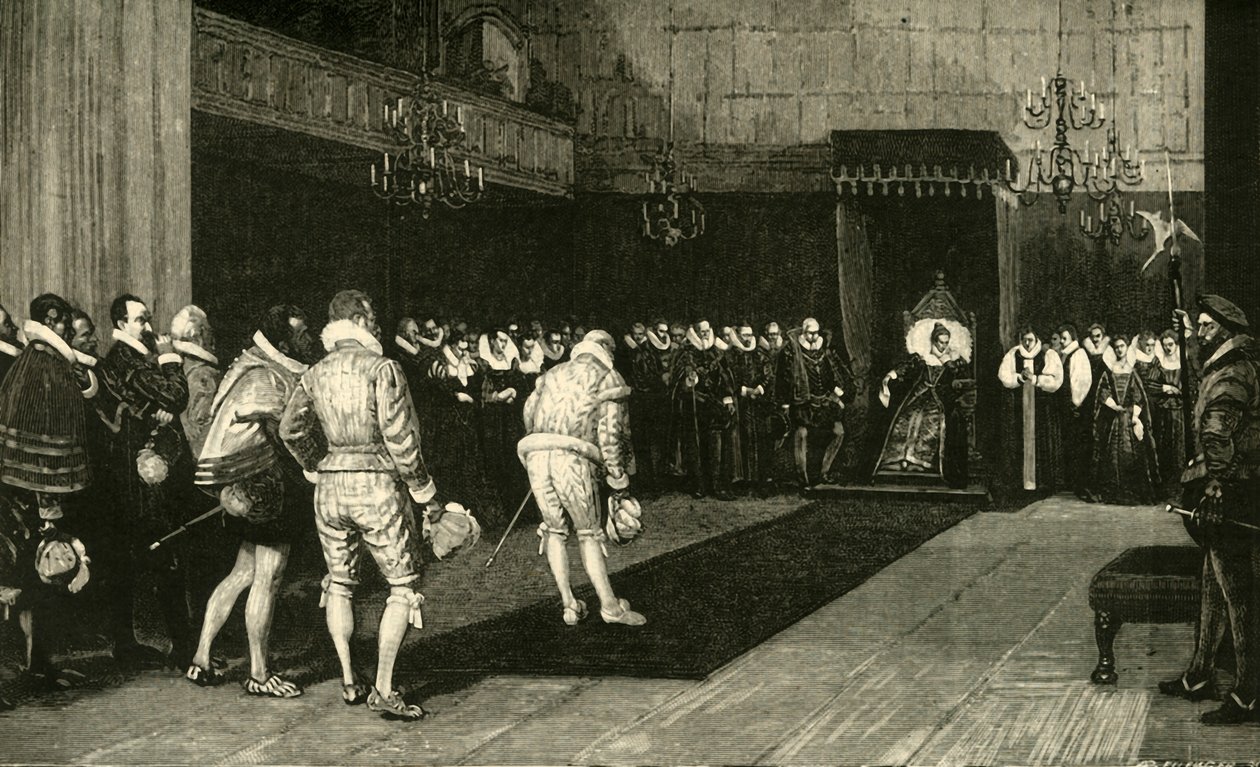 Drottning Elizabeth tar emot de franska ambassadörerna efter massakern i St. Bartholomew, 1890. av Unbekannt
