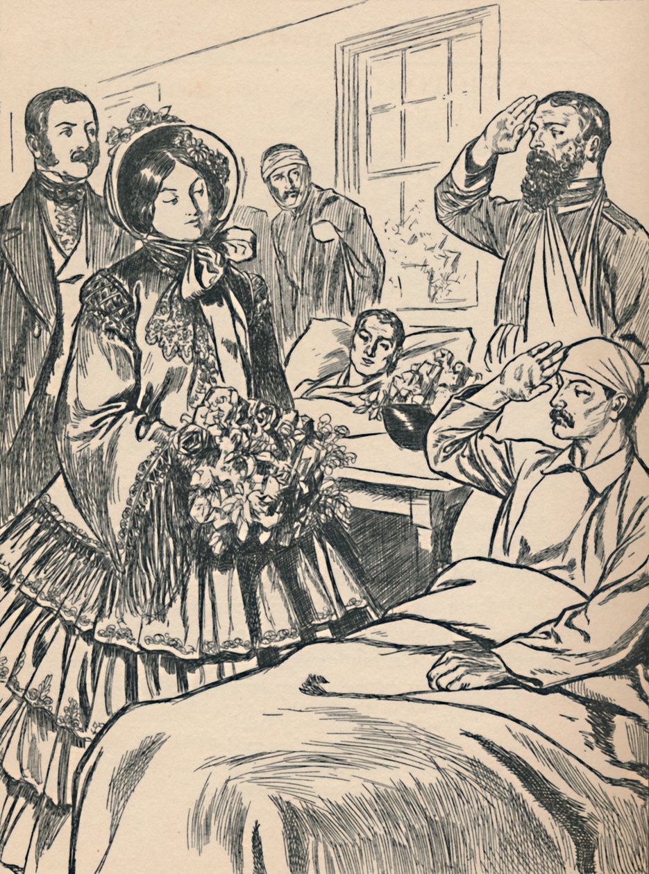 Drottning Victoria besöker sina sårade soldater, c1907 av Unbekannt