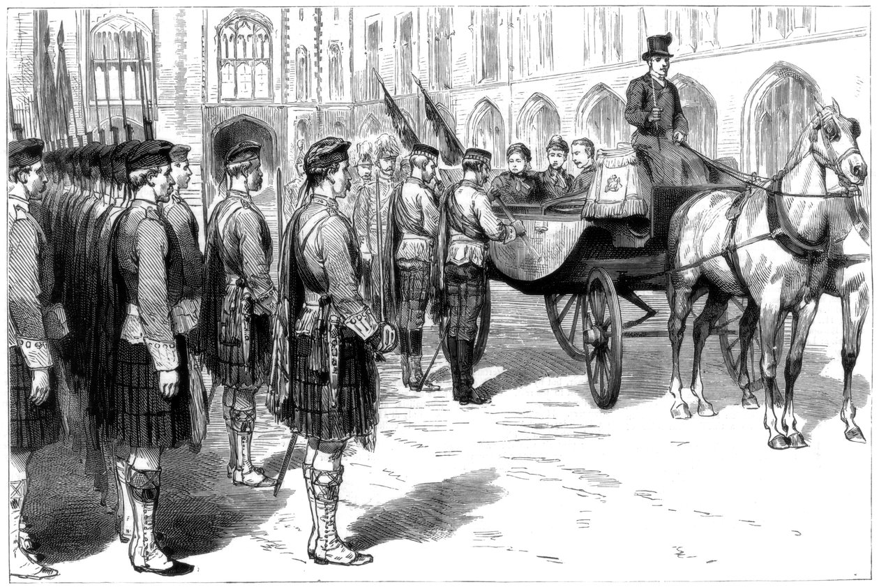 Drottning Victoria tar emot de gamla färgerna från Seaforth Highlanders, Windsor, 1885 av Unbekannt