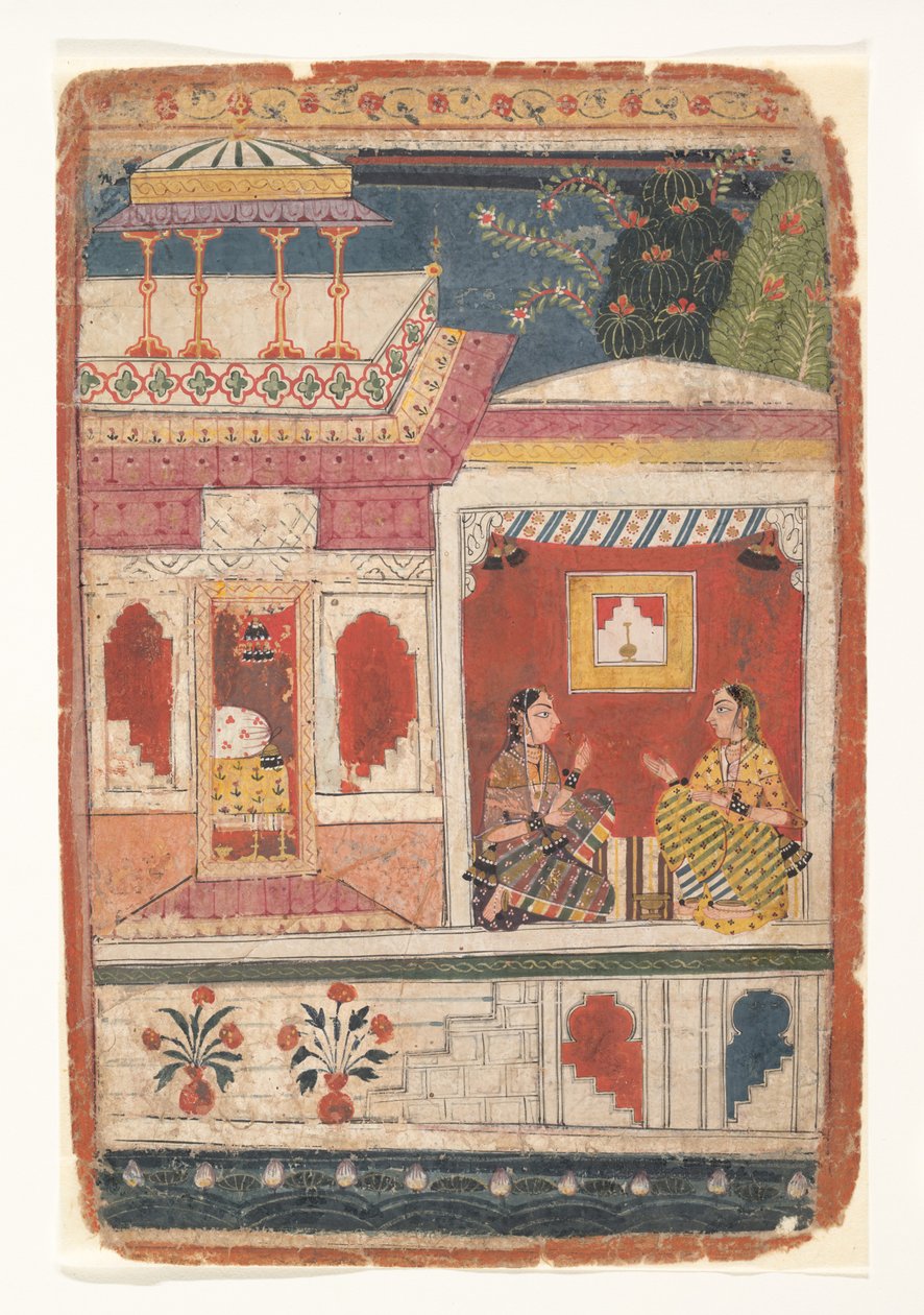 Radha och hennes förtrogna sitter i ett öppet rum: Sida från en dispersed Rasikapriya, ca. 1680-90. av Unbekannt