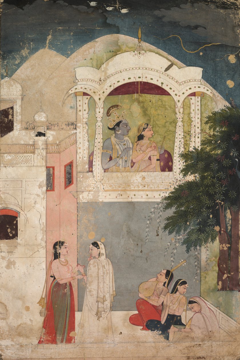 Radha och Krishna sittande på en balkong, ca. 1760. av Unbekannt