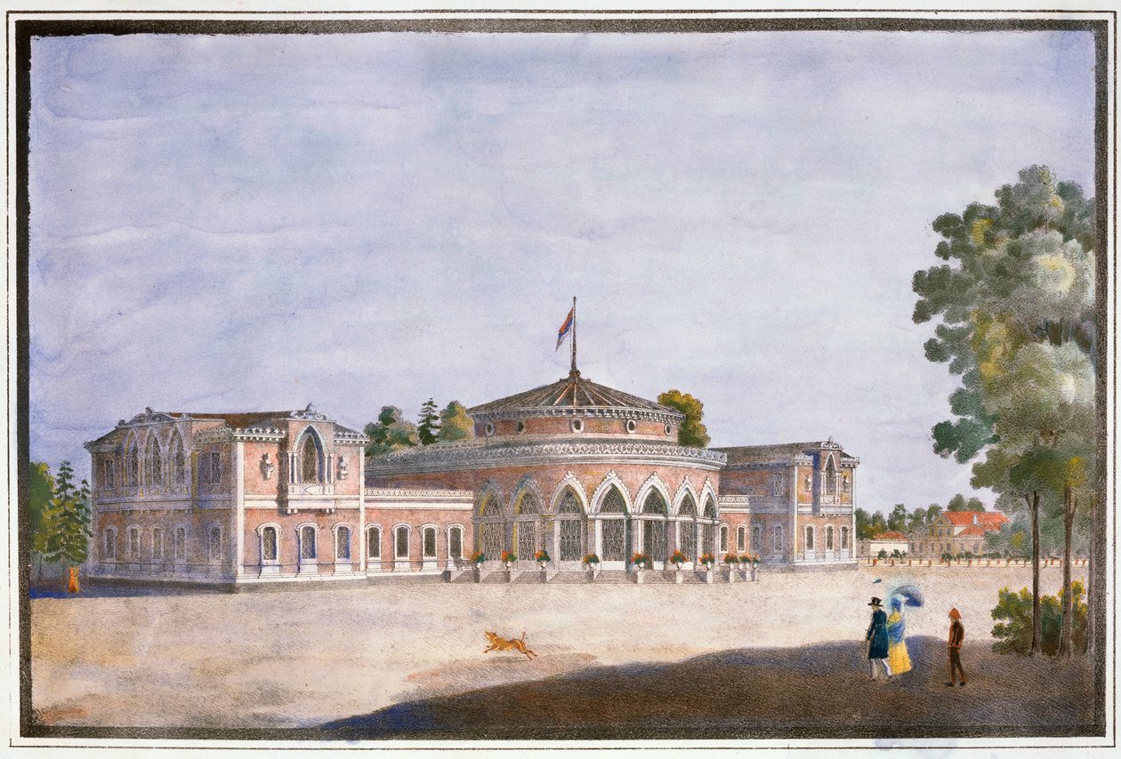 Järnvägsstation och fransk restaurang i Catharinhof, St Petersburg, Ryssland, 1800-talet av Unbekannt