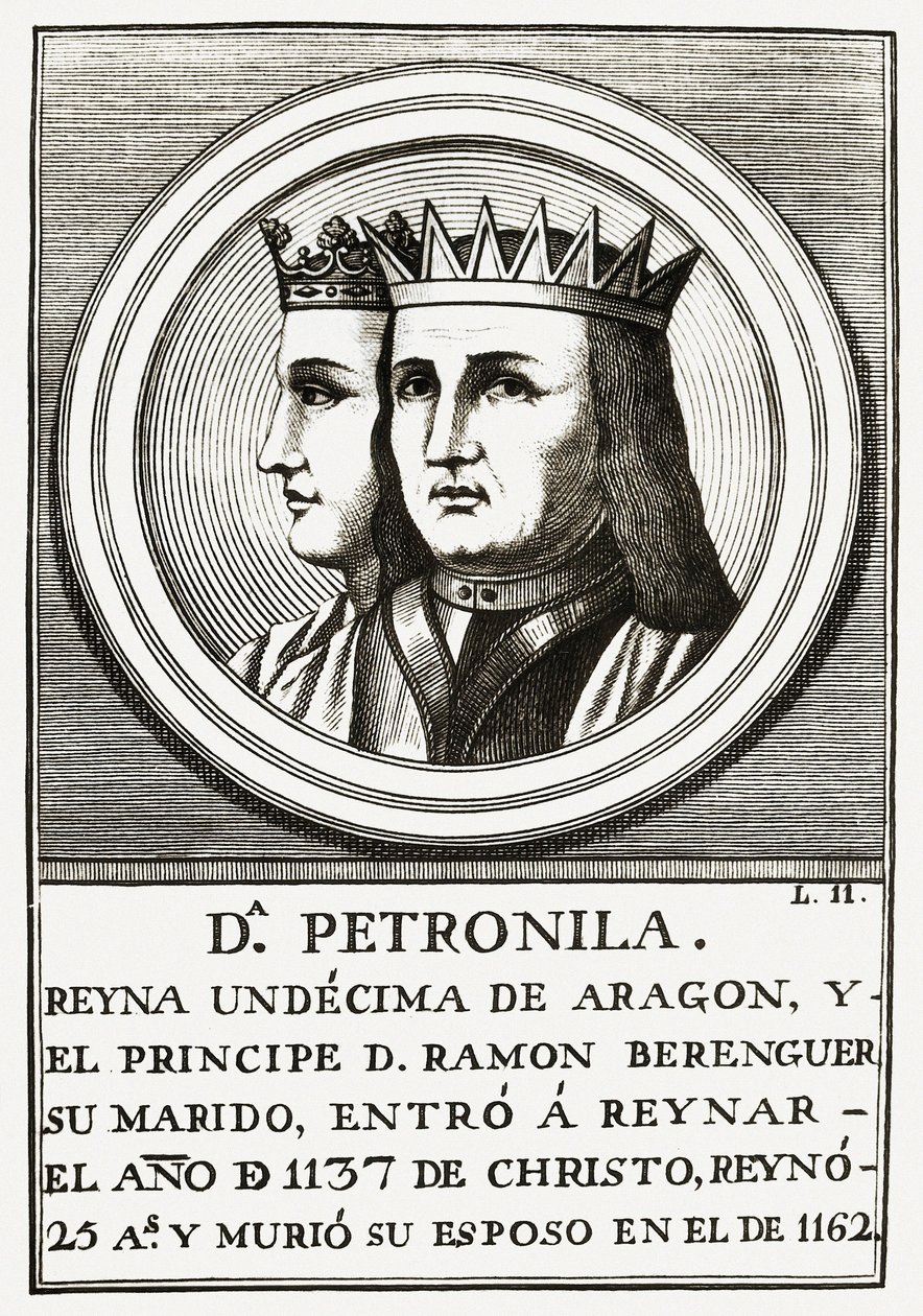 Raimond Berenger IV av Barcelona och Petronilla drottning av Aragon, gravyr. av Unbekannt