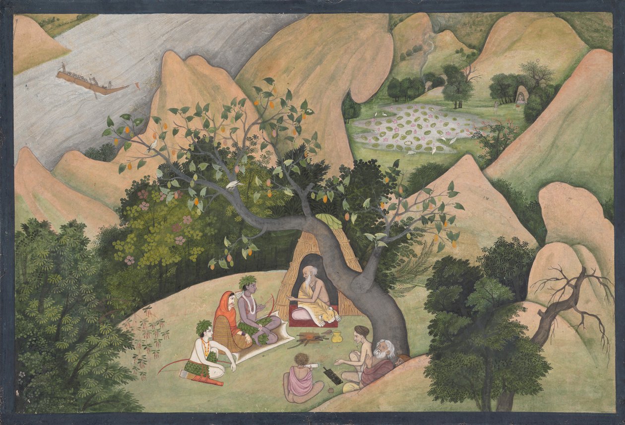 Rama, Sita och Lakshmana vid Eremitaget i Bharadvaja: Illustrerad folio från..., ca. 1780. av Unbekannt