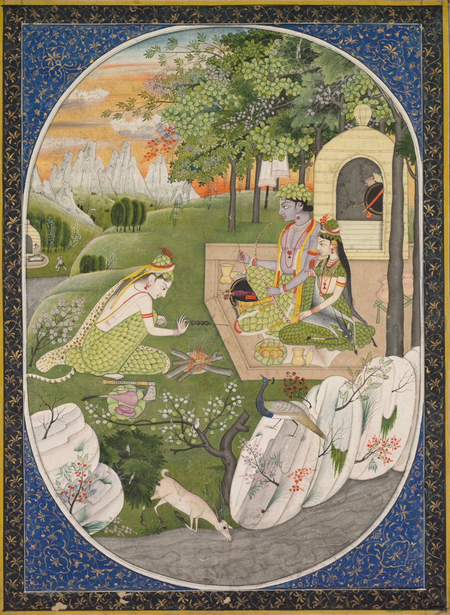 Rama, Sita och Lakshmana i skogen, sida från Ramayana Tales of God Rama, ca. 1830. av Unbekannt