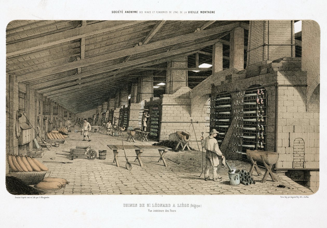 Råmaterialbearbetning, metallurgiugnar vid zinkverket, St Leonard, Liège, Belgien av Unbekannt