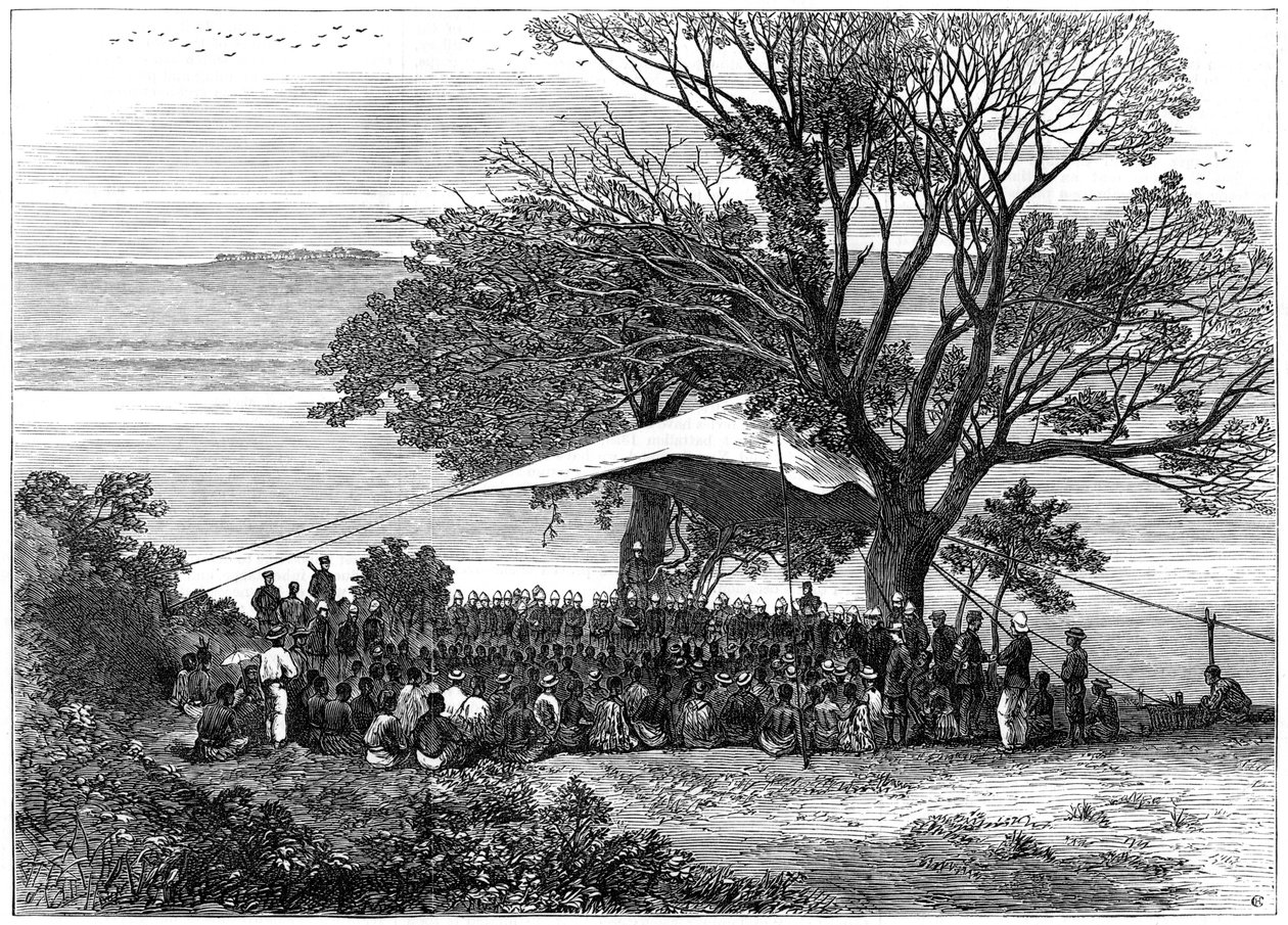 Läser ultimatumet på stranden av Tugela, Zulukriget i söder, 1879 av Unbekannt