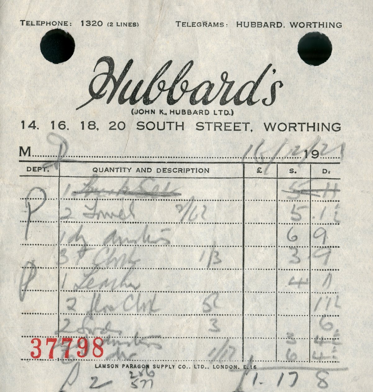 Kvitto från Hubbards varuhus, 1921. av Unbekannt