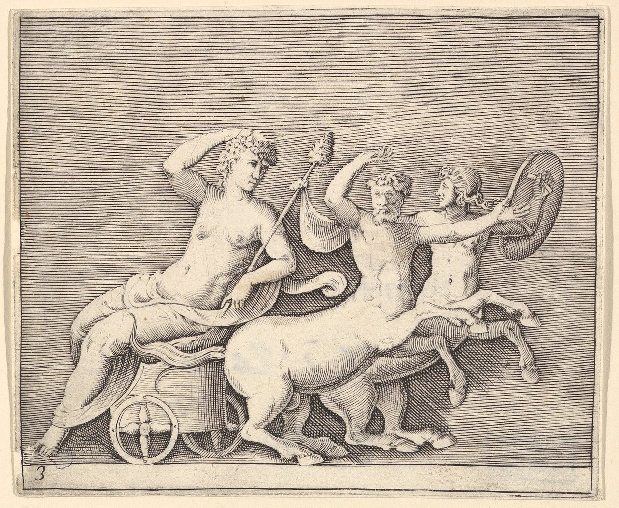 Liggande kvinnlig figur på en vagn tecknad av två kentaurer, publicerad ca. 1599-1622. av Unbekannt