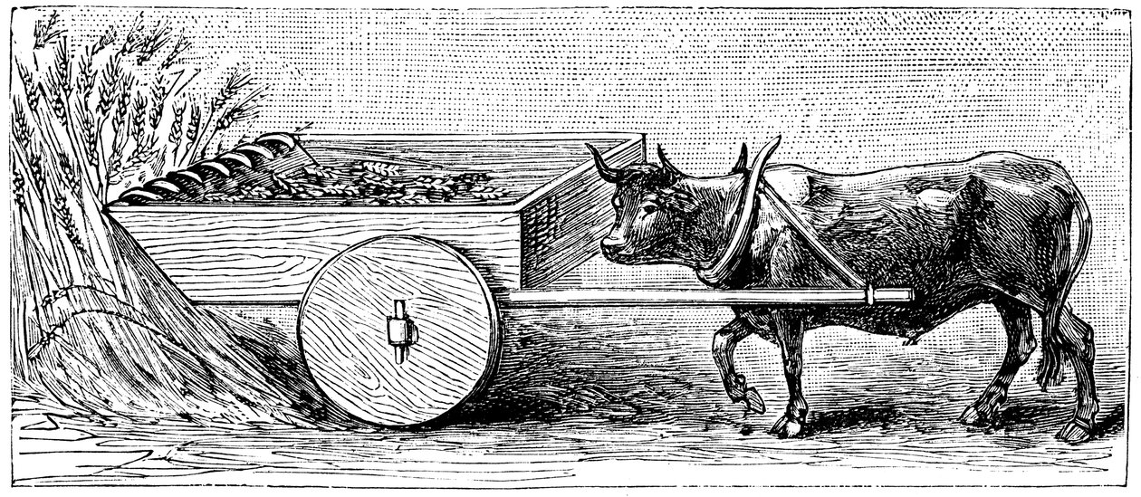 Rekonstruktion av skördemaskin som användes i Gallien i antik romersk tid, enligt beskrivning av Plinius, c1890 av Unbekannt