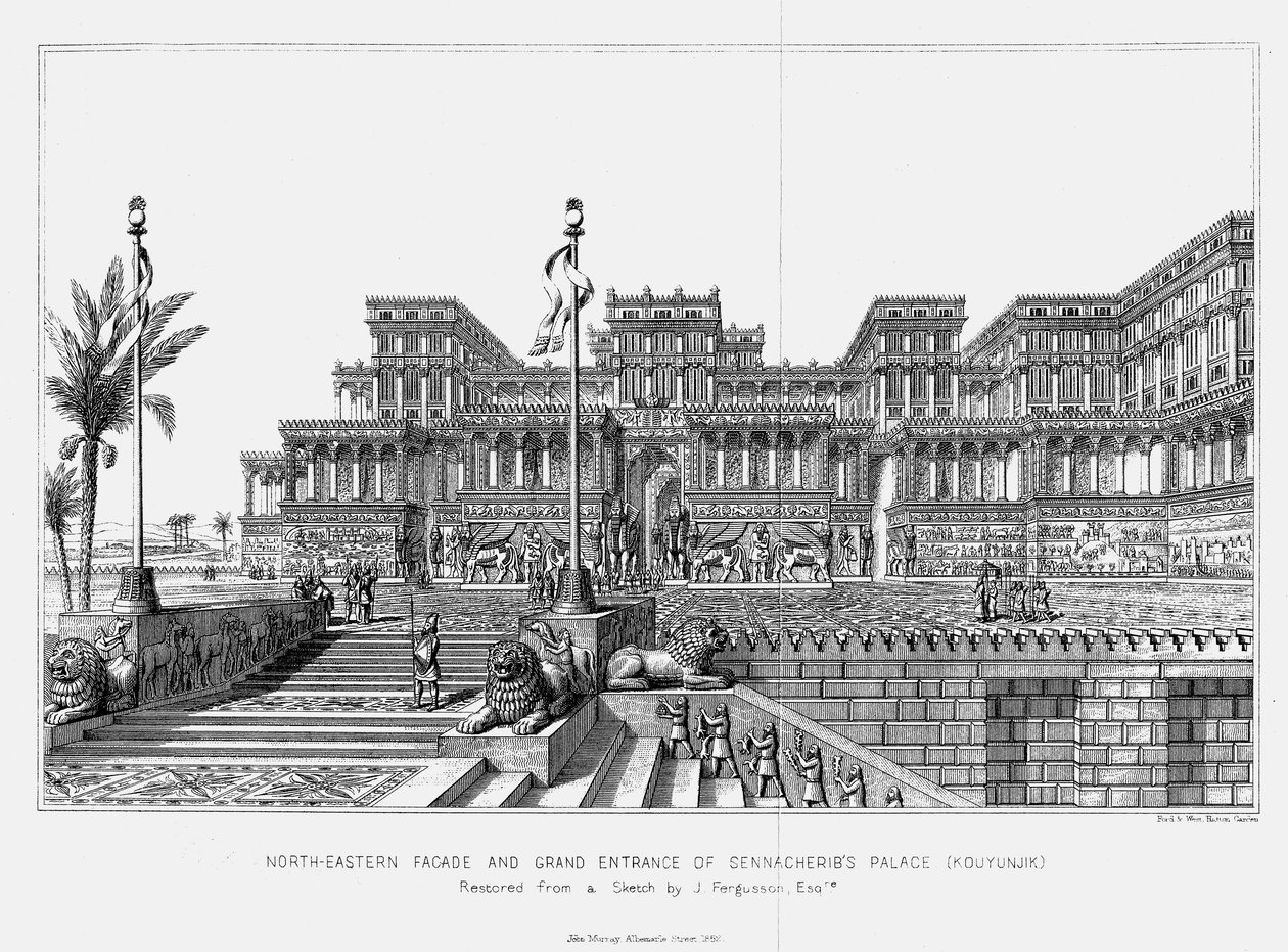 Rekonstruktion av den nordöstra fasaden av Sanheribs palats Kouyunjik, Assyrien, 1853 av Unbekannt