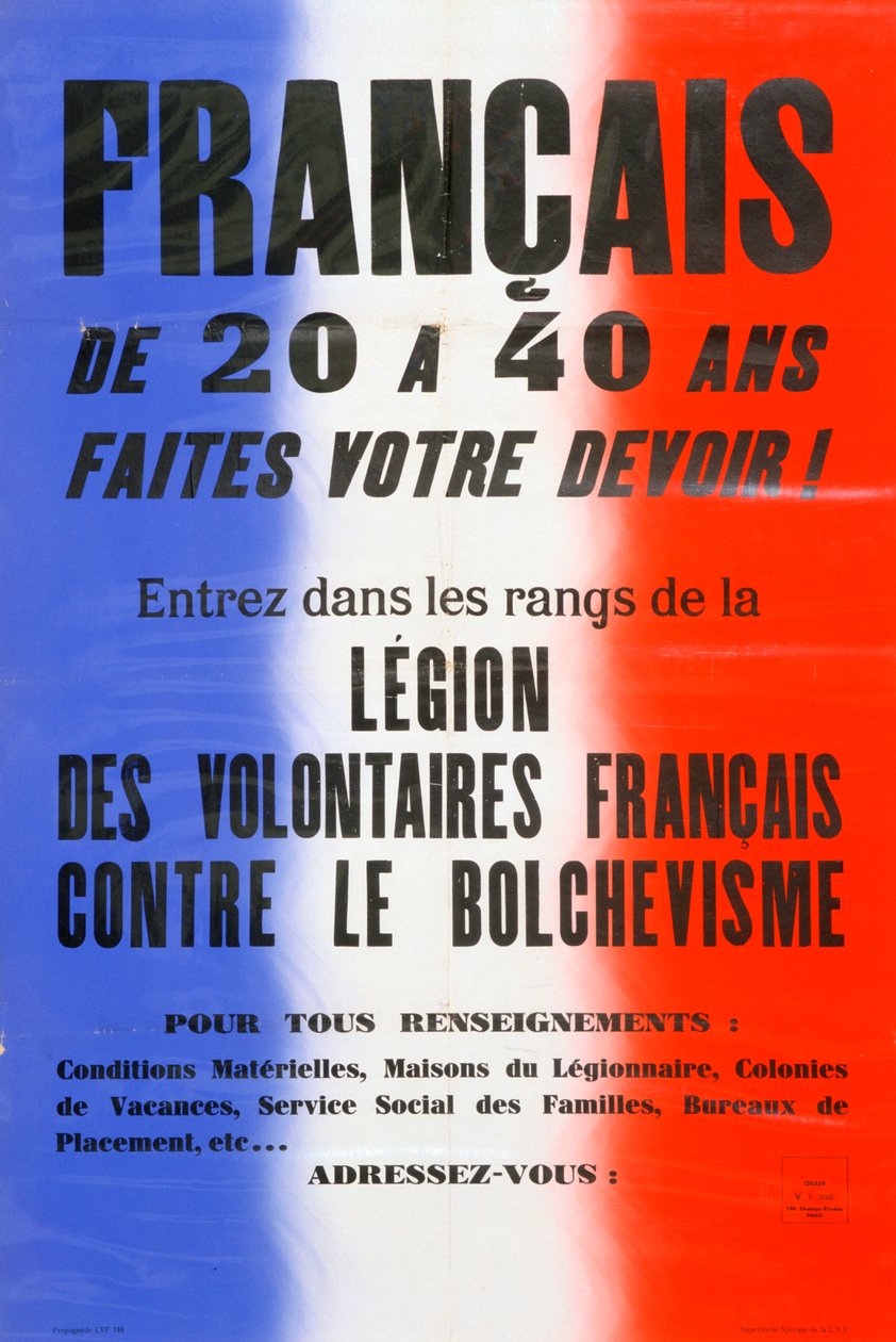 Rekryteringsaffisch för Legion of French Volunteers, 1941-1944 av Unbekannt