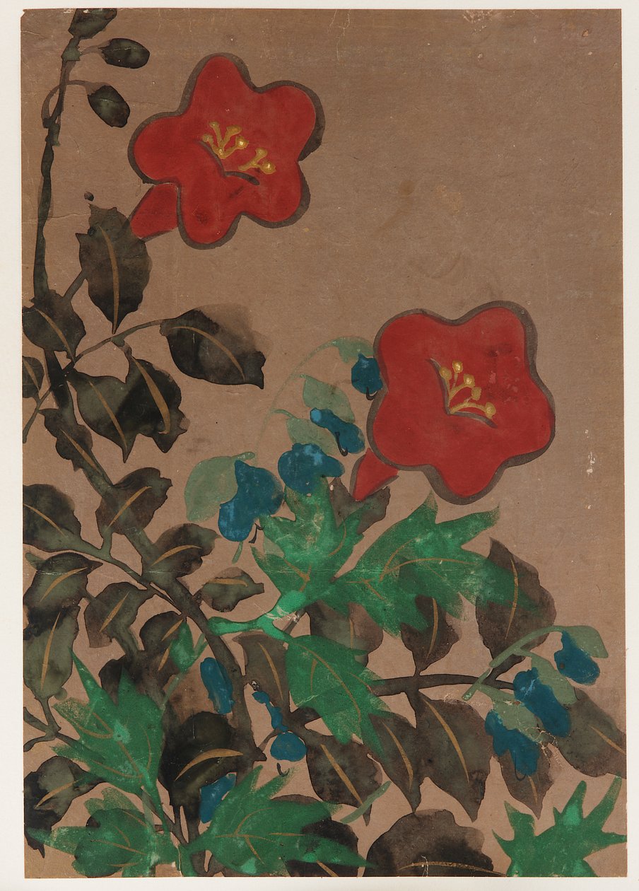 Röda och blåa blommor och bladverk, Edo-perioden, 1615-1868. av Unbekannt