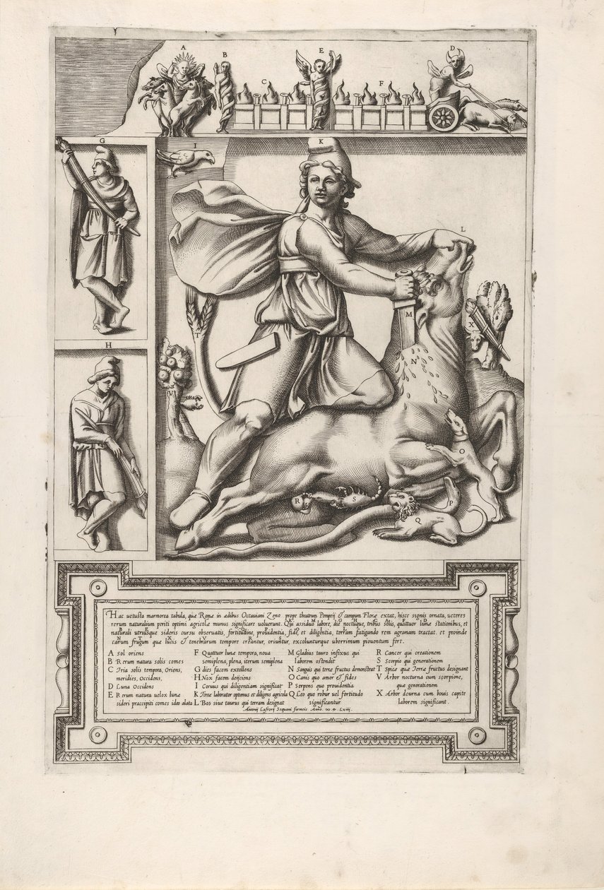 Relief med Mithras som knäböjer på en tjur och driver ett svärd i dess axel, till vänster två..., 1564. av Unbekannt