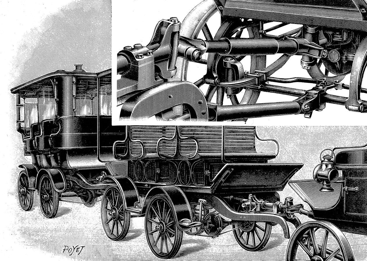 Renards biltåg, visar koppling uppe till höger och ett tåg med vagnar, 1904 av Unbekannt