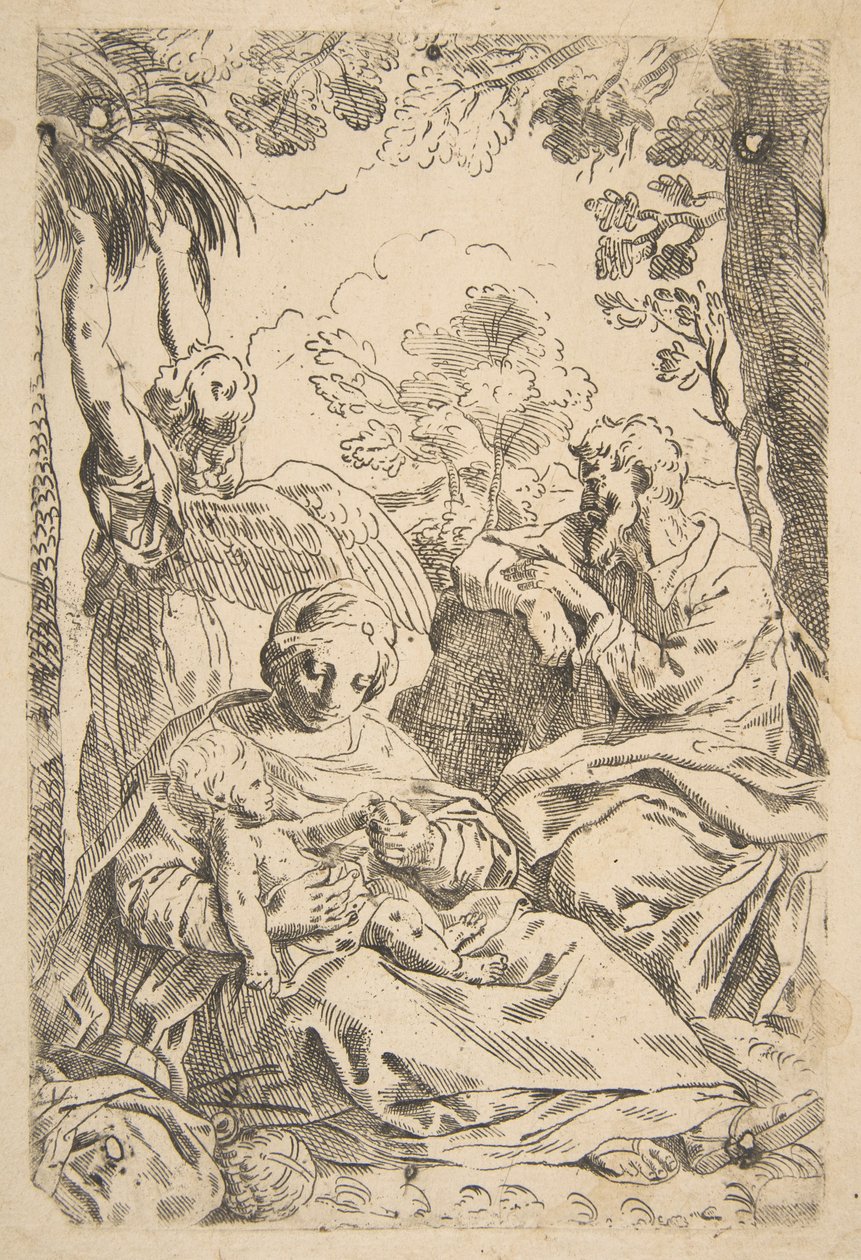 Vila i Egypten, den heliga familjen sitter medan en ängel drar i trädgrenen..., ca. 1637-1639 eller senare. av Unbekannt