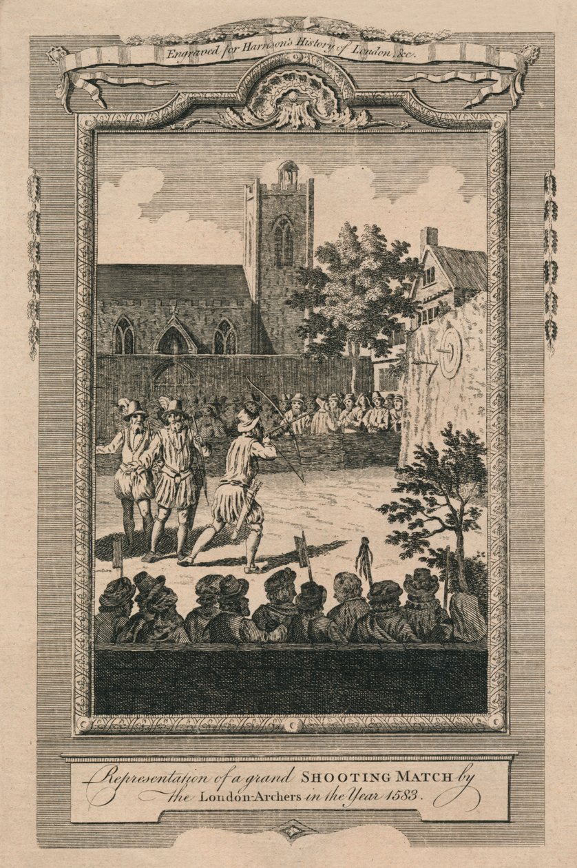 Representation av en storslagen skjutmatch av London Archers år 1583, 1775. av Unbekannt