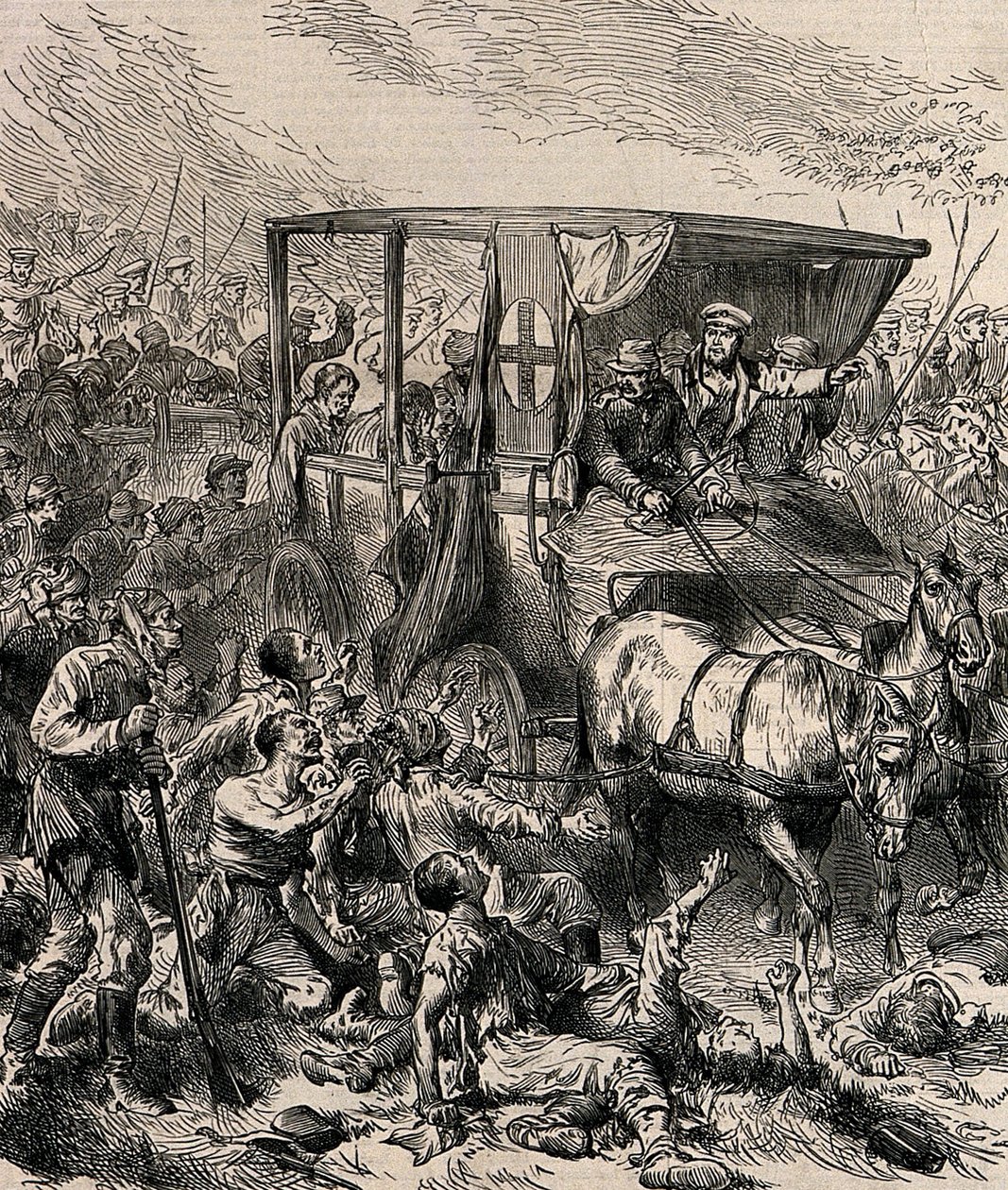 Rädda de sårade ryska soldaterna från slagfältet, ca 1878 av Unbekannt